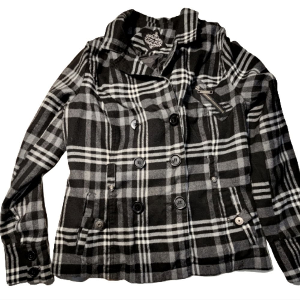 JOU JOU black white plaid 6 button closure pea coat jacket